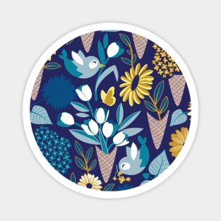 Midsummer I scream flower cones // pattern // navy blue background blue teal and yellow flowers bouquets Magnet